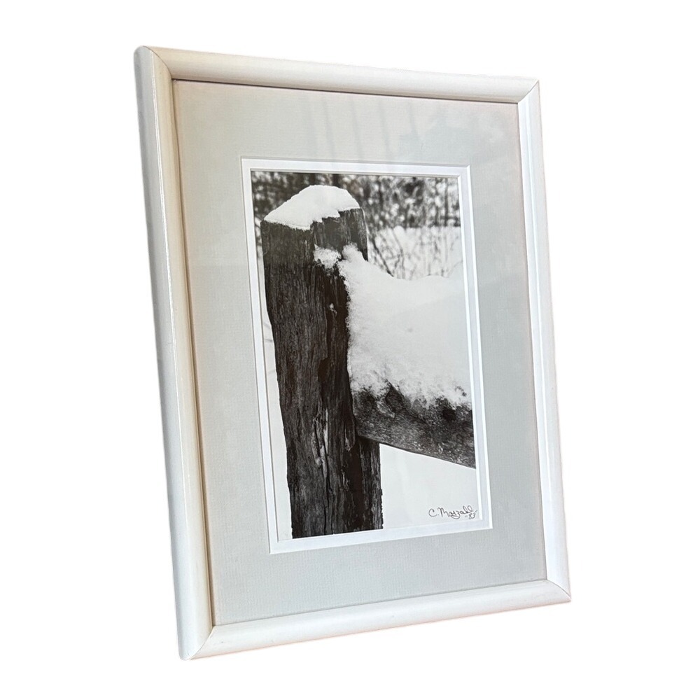 Vintage C. Mayzall 1983 White Framed Snowy Fence Photo Black & White 13.5"